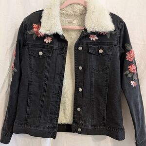 Embroidered Black Denim Jacket with Faux Fur Collar